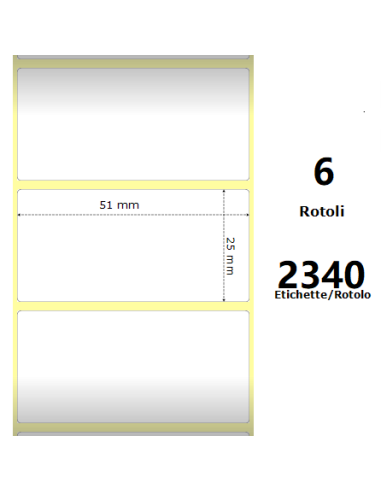 White 51x25mm, 2340 Et/Rotolo Z-2000D 2x1x1 Core, 6 Rolls